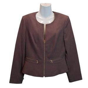 Calvin Klein women brown peplum zipper logo front pockets career blazer size 10
